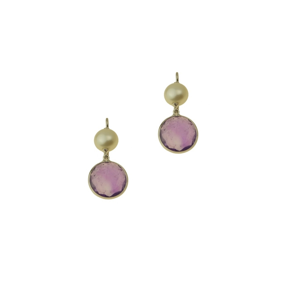 Gold Earrings K18. Amethyst & Natural Freshwater Pearls - Gold.gr